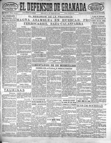 'El Defensor de Granada  : diario político independiente' - Año XLVI Número 23330 Ed. Mañana - 1924 Agosto 20