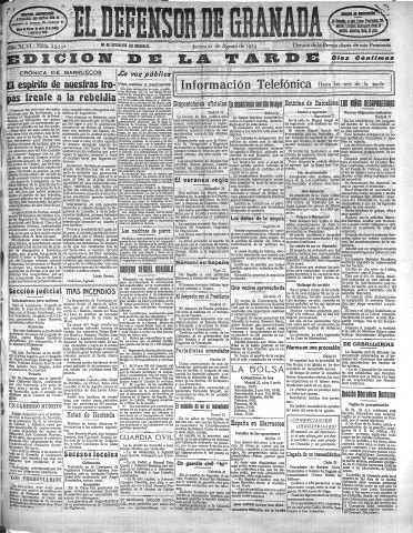 'El Defensor de Granada  : diario político independiente' - Año XLVI Número 23332 Ed. Tarde - 1924 Agosto 21