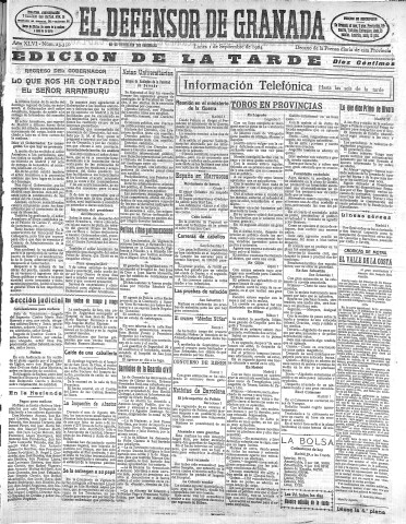 'El Defensor de Granada  : diario político independiente' - Año XLVI Número 23350 Ed. Tarde - 1924 Septiembre 01
