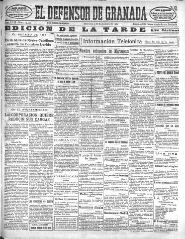 'El Defensor de Granada  : diario político independiente' - Año XLVI Número 23354 Ed. Tarde - 1924 Septiembre 03