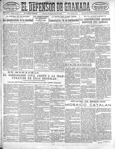 'El Defensor de Granada  : diario político independiente' - Año XLVI Número 23355 Ed. Mañana - 1924 Septiembre 04