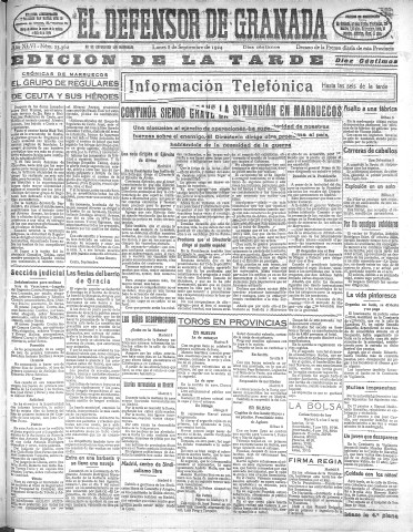 'El Defensor de Granada  : diario político independiente' - Año XLVI Número 23362 Ed. Tarde - 1924 Septiembre 08