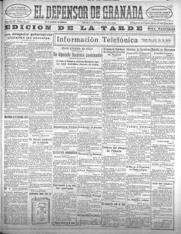 'El Defensor de Granada  : diario político independiente' - Año XLVI Número 23371 Ed. Tarde - 1924 Septiembre 13