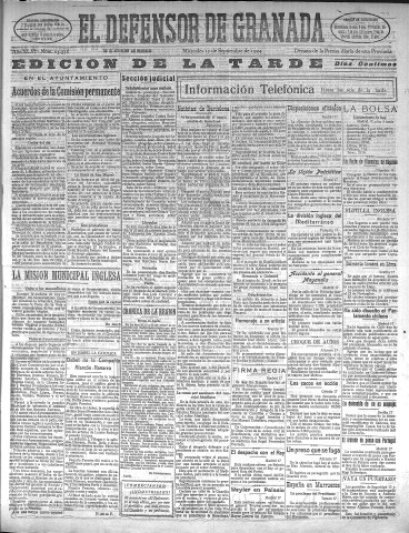 'El Defensor de Granada  : diario político independiente' - Año XLVI Número 23378 Ed. Tarde - 1924 Septiembre 17