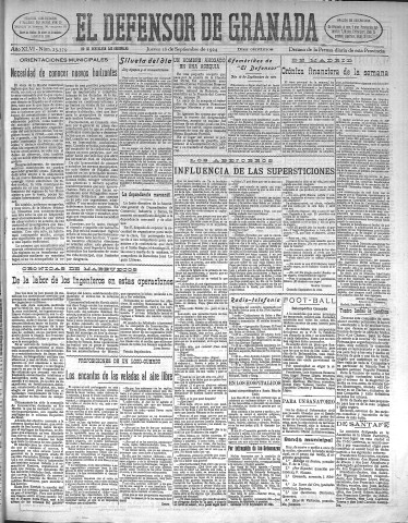 'El Defensor de Granada  : diario político independiente' - Año XLVI Número 23379 Ed. Mañana - 1924 Septiembre 18