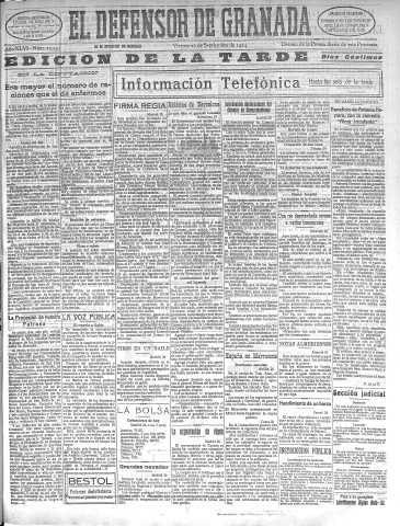 'El Defensor de Granada  : diario político independiente' - Año XLVI Número 23395 Ed. Tarde - 1924 Septiembre 26
