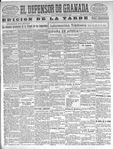 'El Defensor de Granada  : diario político independiente' - Año XLVI Número 23399 Ed. Tarde - 1924 Septiembre 29