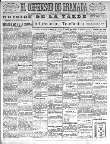 'El Defensor de Granada  : diario político independiente' - Año XLVI Número 23401 Ed. Tarde - 1924 Septiembre 30