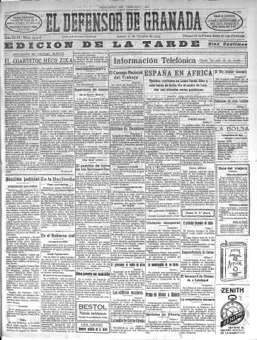 'El Defensor de Granada  : diario político independiente' - Año XLVI Número 23406 Ed. Tarde - 1924 Octubre 02