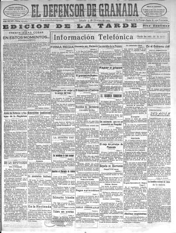'El Defensor de Granada  : diario político independiente' - Año XLVI Número 23409 Ed. Tarde - 1924 Octubre 04
