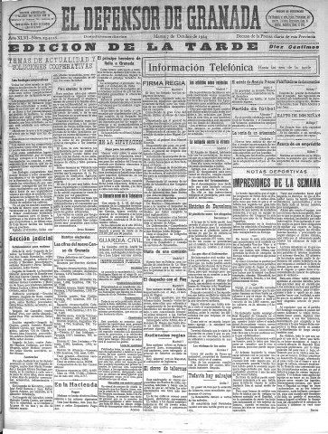 'El Defensor de Granada  : diario político independiente' - Año XLVI Número 23418 Ed. Tarde - 1924 Octubre 07