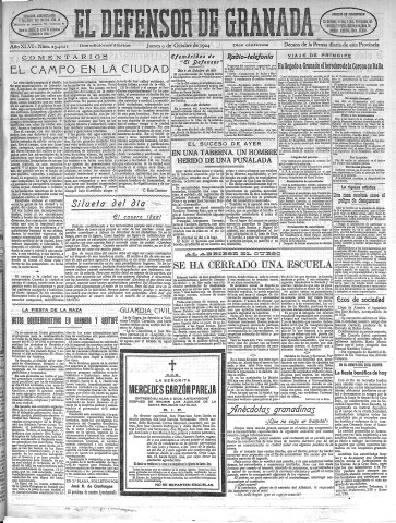 'El Defensor de Granada  : diario político independiente' - Año XLVI Número 23421 Ed. Mañana - 1924 Octubre 09