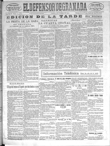 'El Defensor de Granada  : diario político independiente' - Año XLVI Número 23428 Ed. Tarde - 1924 Octubre 13
