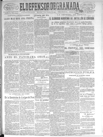 'El Defensor de Granada  : diario político independiente' - Año XLVI Número 23431 Ed. Mañana - 1924 Octubre 15