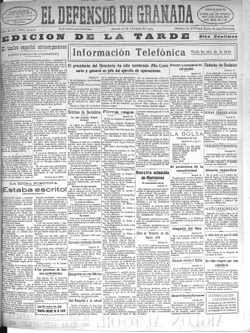 'El Defensor de Granada  : diario político independiente' - Año XLVI Número 23434 Ed. Tarde - 1924 Octubre 16