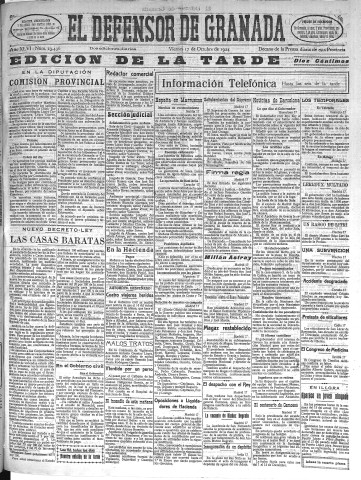 'El Defensor de Granada  : diario político independiente' - Año XLVI Número 23436 Ed. Tarde - 1924 Octubre 17
