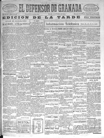 'El Defensor de Granada  : diario político independiente' - Año XLVI Número 23438 Ed. Tarde - 1924 Octubre 18