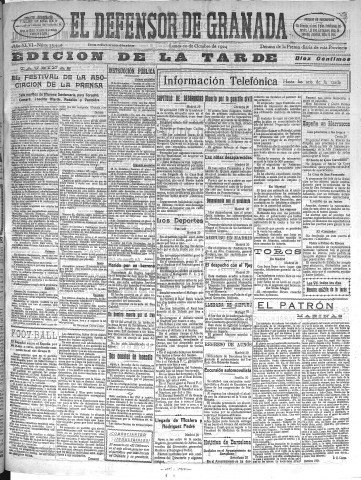 'El Defensor de Granada  : diario político independiente' - Año XLVI Número 23440 Ed. Tarde - 1924 Octubre 20