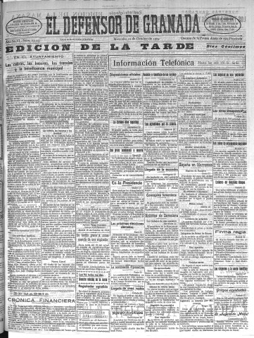 'El Defensor de Granada  : diario político independiente' - Año XLVI Número 23444 Ed. Tarde - 1924 Octubre 22