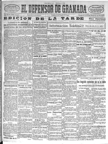'El Defensor de Granada  : diario político independiente' - Año XLVI Número 23452 Ed. Tarde - 1924 Octubre 27