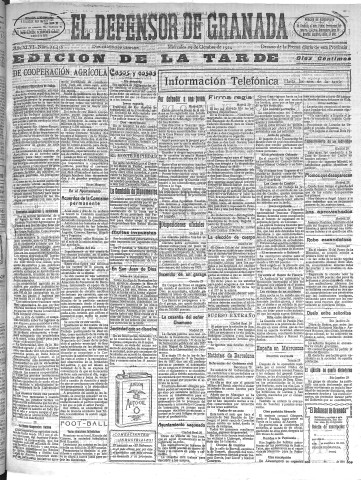 'El Defensor de Granada  : diario político independiente' - Año XLVI Número 23456 Ed. Tarde - 1924 Octubre 29