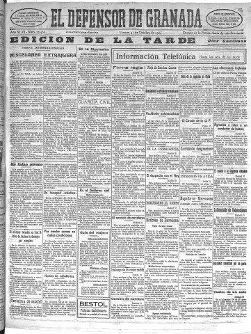 'El Defensor de Granada  : diario político independiente' - Año XLVI Número 23460 Ed. Tarde - 1924 Octubre 31