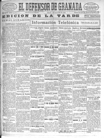 'El Defensor de Granada  : diario político independiente' - Año XLVI Número 23462 Ed. Tarde - 1924 Noviembre 01