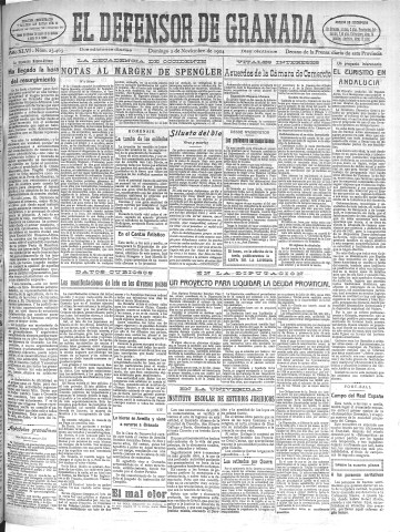 'El Defensor de Granada  : diario político independiente' - Año XLVI Número 23463 Ed. Mañana - 1924 Noviembre 02