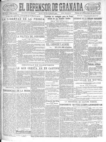 'El Defensor de Granada  : diario político independiente' - Año XLVI Número 23469 Ed. Mañana - 1924 Noviembre 06