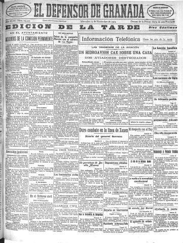 'El Defensor de Granada  : diario político independiente' - Año XLVI Número 23493 Ed. Tarde - 1924 Noviembre 19