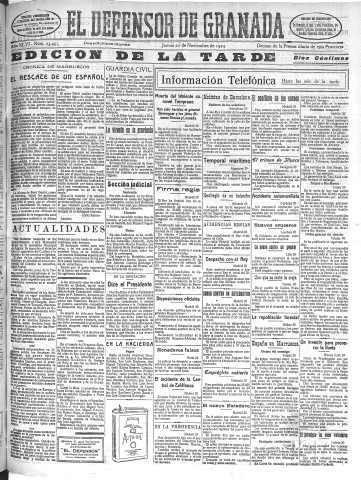 'El Defensor de Granada  : diario político independiente' - Año XLVI Número 23495 Ed. Tarde - 1924 Noviembre 20