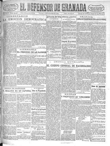 'El Defensor de Granada  : diario político independiente' - Año XLVI Número 23496 Ed. Mañana - 1924 Noviembre 21