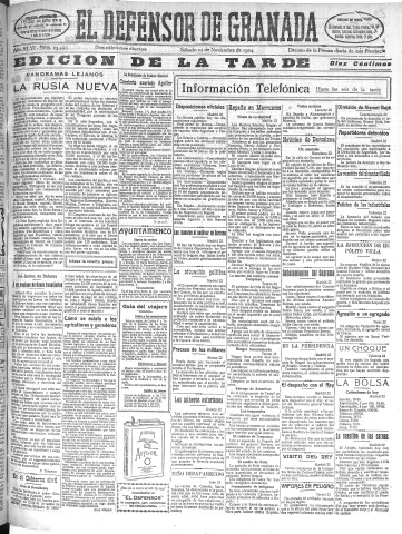 'El Defensor de Granada  : diario político independiente' - Año XLVI Número 23499 Ed. Tarde - 1924 Noviembre 22