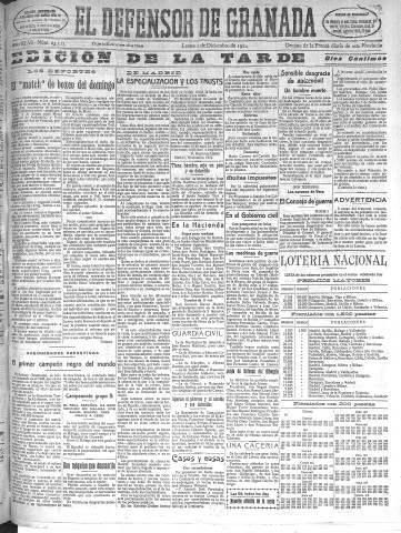 'El Defensor de Granada  : diario político independiente' - Año XLVI Número 23513 Ed. Tarde - 1924 Diciembre 01