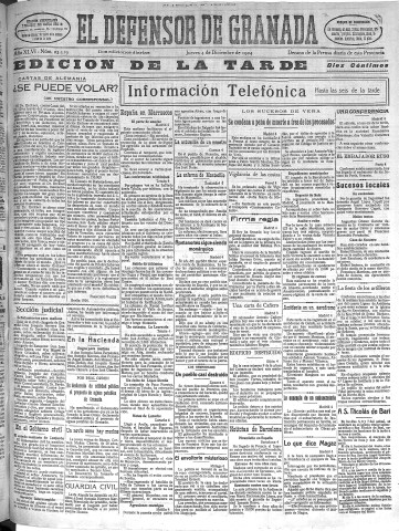 'El Defensor de Granada  : diario político independiente' - Año XLVI Número 23519 Ed. Tarde - 1924 Diciembre 04