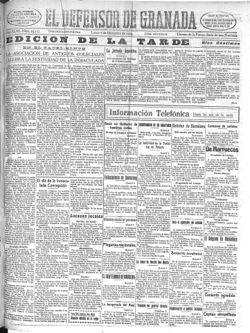 'El Defensor de Granada  : diario político independiente' - Año XLVI Número 23525 Ed. Tarde - 1924 Diciembre 08