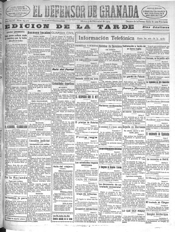 'El Defensor de Granada  : diario político independiente' - Año XLVI Número 23527 Ed. Tarde - 1924 Diciembre 09
