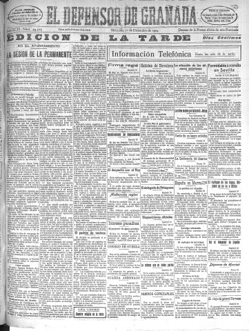 'El Defensor de Granada  : diario político independiente' - Año XLVI Número 23529 Ed. Tarde - 1924 Diciembre 10