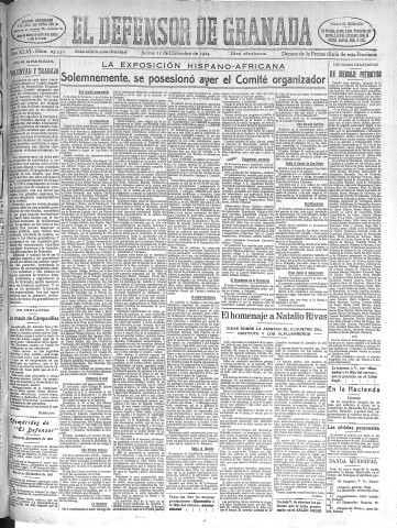 'El Defensor de Granada  : diario político independiente' - Año XLVI Número 23530 Ed. Mañana - 1924 Diciembre 11