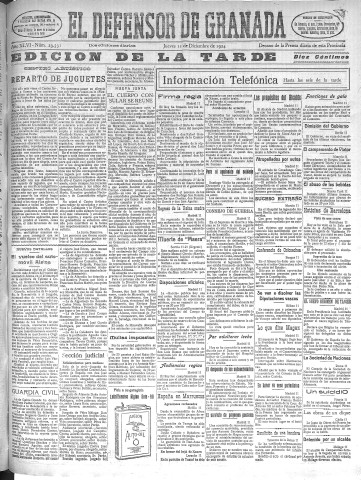 'El Defensor de Granada  : diario político independiente' - Año XLVI Número 23530 Ed. Tarde - 1924 Diciembre 11