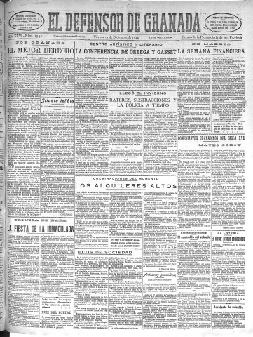 'El Defensor de Granada  : diario político independiente' - Año XLVI Número 23532 Ed. Mañana - 1924 Diciembre 12