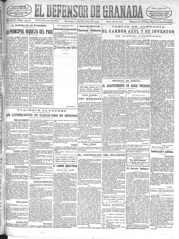 'El Defensor de Granada  : diario político independiente' - Año XLVI Número 23536 Ed. Mañana - 1924 Diciembre 14