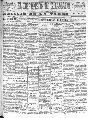 'El Defensor de Granada  : diario político independiente' - Año XLVI Número 23551 Ed. Tarde - 1924 Diciembre 23