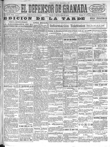 'El Defensor de Granada  : diario político independiente' - Año XLVI Número 23556 Ed. Tarde - 1924 Diciembre 27