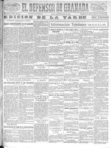 'El Defensor de Granada  : diario político independiente' - Año XLVI Número 23559 Ed. Tarde - 1924 Diciembre 29
