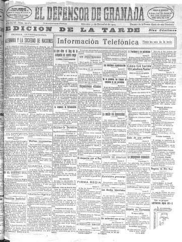 'El Defensor de Granada  : diario político independiente' - Año XLVI Número 23563 Ed. Tarde - 1924 Diciembre 31
