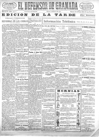 'El Defensor de Granada  : diario político independiente' - Año XLVII Número 23572 Ed. Tarde - 1925 Enero 06
