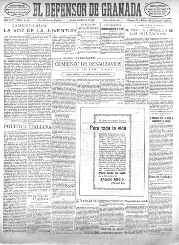 'El Defensor de Granada  : diario político independiente' - Año XLVII Número 23575 Ed. Mañana - 1925 Enero 08