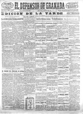 'El Defensor de Granada  : diario político independiente' - Año XLVII Número 23586 Ed. Tarde - 1925 Enero 14