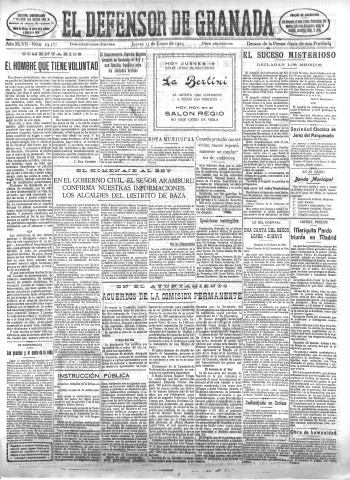 'El Defensor de Granada  : diario político independiente' - Año XLVII Número 23587 Ed. Mañana - 1925 Enero 15